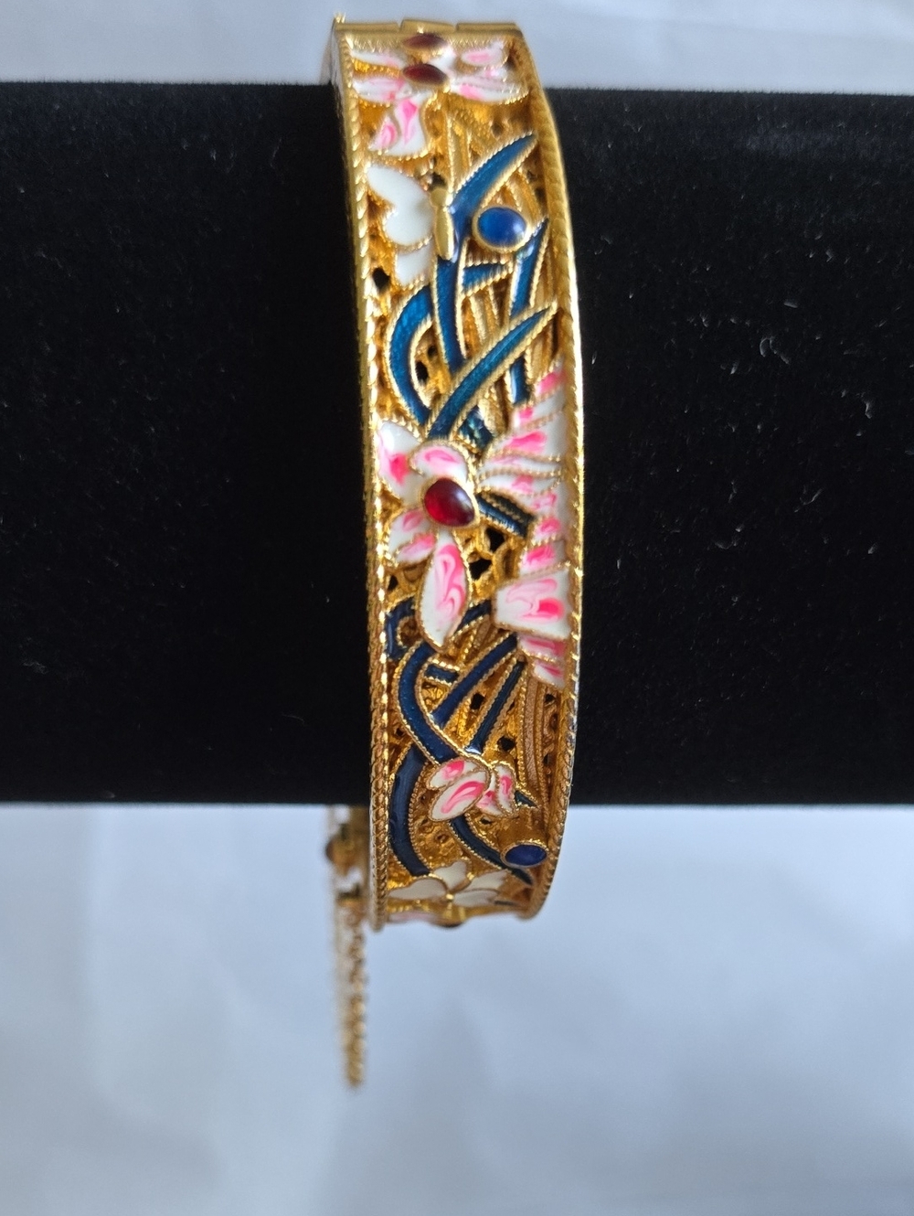 Gold-Tone Floral Enamel Bangle Bracelet with Pink & Blue Accents